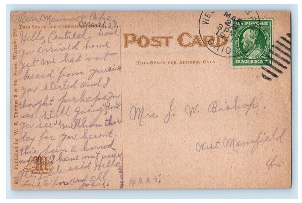 1911 View Of Court House Building Warsaw Indiana IN Posted Antique Postcard