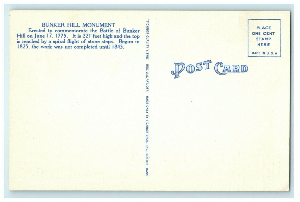 Bunker Hill Monument Charlestown Massachusetts Vintage Postcard