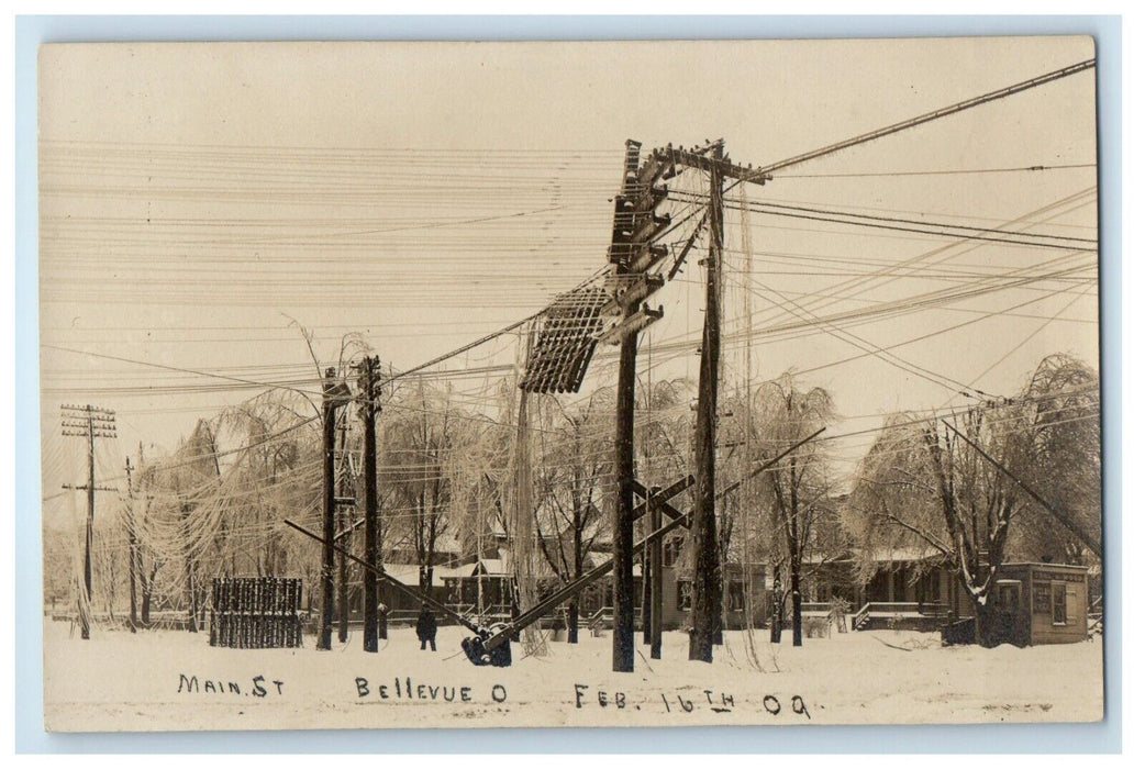 1909 Main St. Ice Storm Winter Snow Bellevue Ohio OH RPPC Photo Antique Postcard