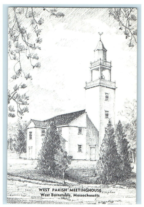 1953 Sketched West Parish Meetinghouse, Massachusetts MA Vintage Postcard