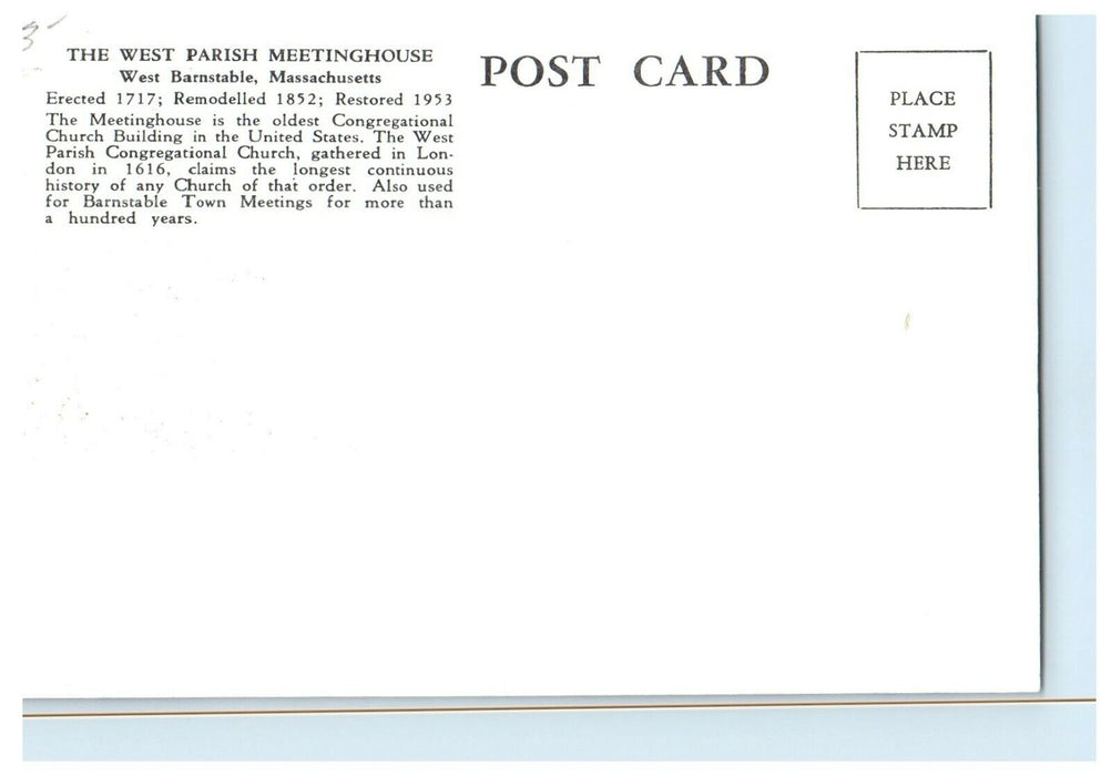 1953 Sketched West Parish Meetinghouse, Massachusetts MA Vintage Postcard