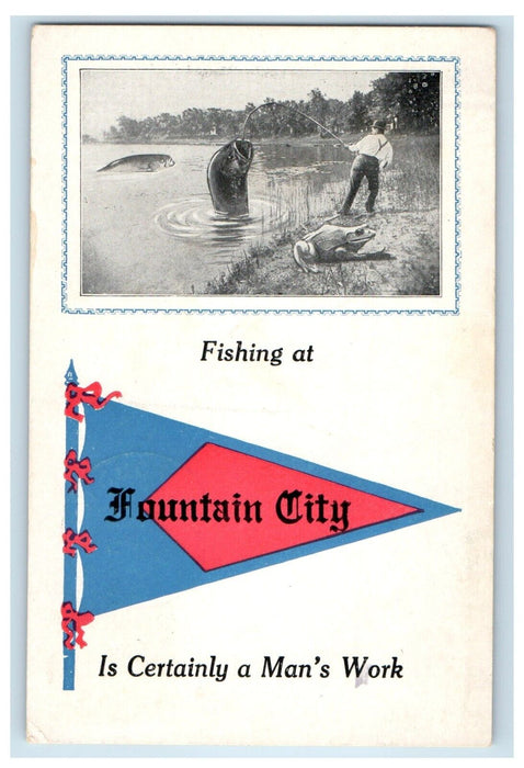 1913 Fishing At Fountain City Indiana IN, Man's Work Pennant Antique Postcard