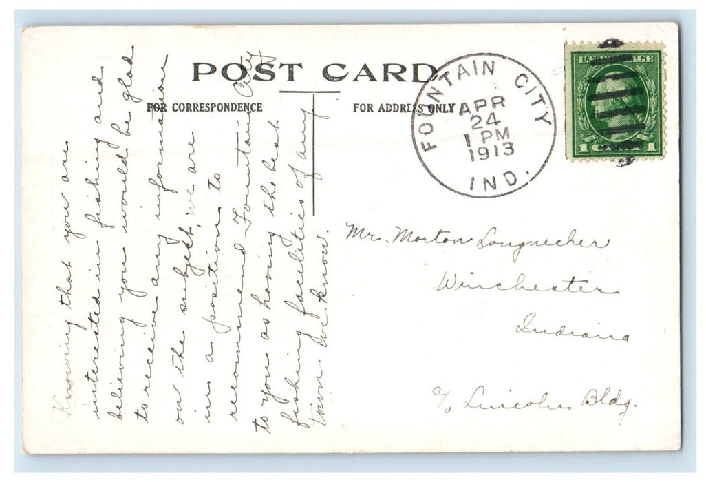 1913 Fishing At Fountain City Indiana IN, Man's Work Pennant Antique Postcard