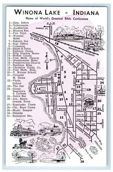 Winona Lake Indiana IN, Home Of World's Greatest Bible Conference Map Postcard