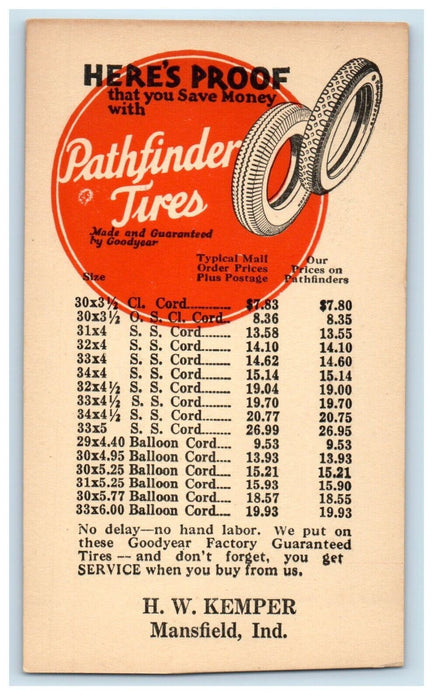Pathfinder Tires Goodyear H.W. Kemper Mansfield IN Advertising Unposted Postcard