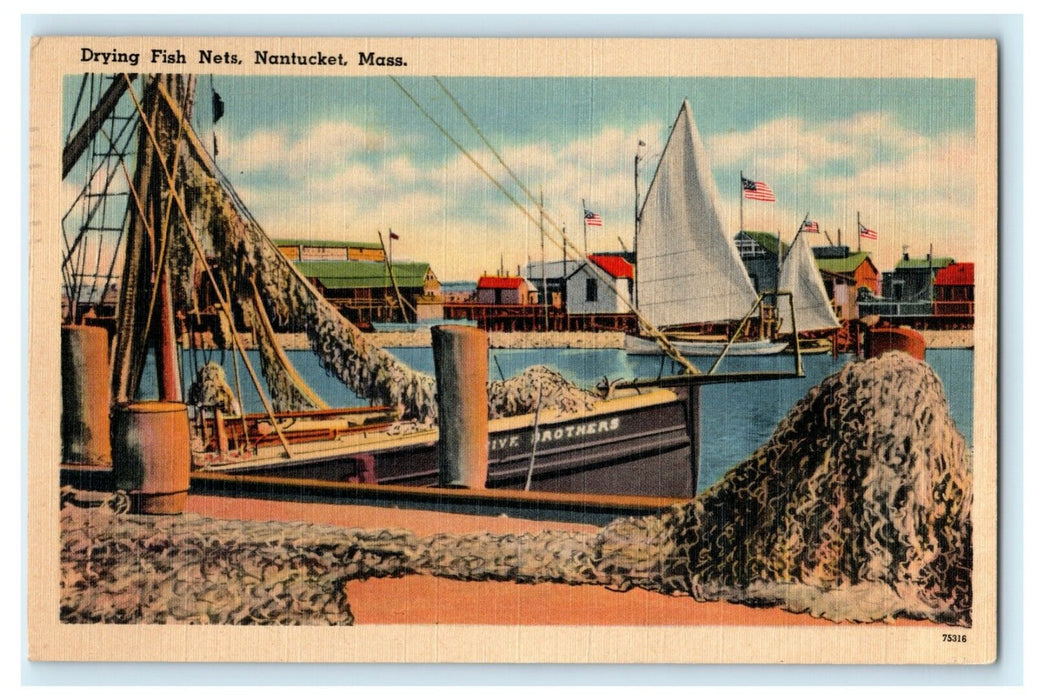 Drying Fish Nets Nantucket Massachusetts 1953 Comment Postmark Postcard