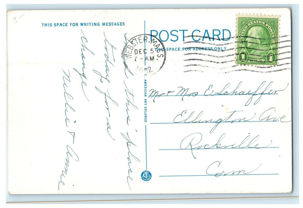 1932 Post Office View. Webster, Massachusetts MA Vintage Postcard