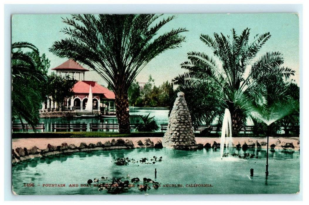 Fountain and Boat House West Lake Park Los Angeles California 1908 Postcard