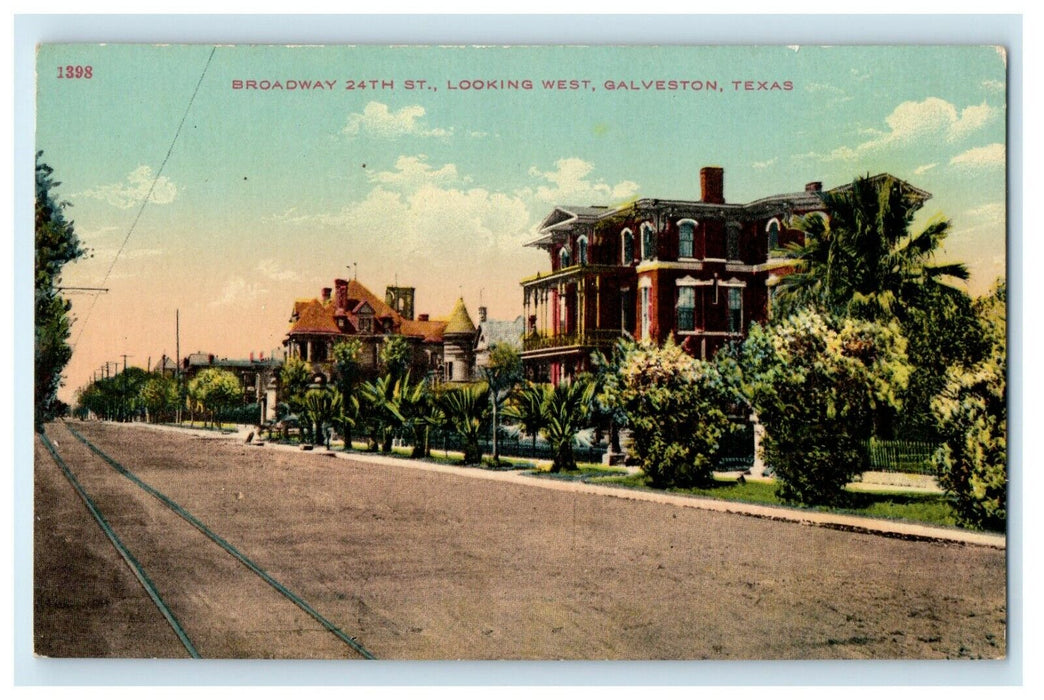 c1910 Broadway 24th Street Looking West Galveston Texas TX Antique Postcard