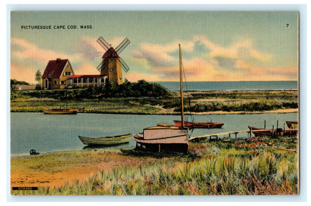 Picturesque Cape Cod Massachusetts Windmill Sailboat 1941 Vintage Postcard