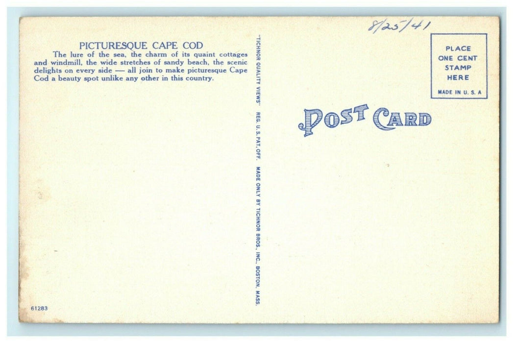 Picturesque Cape Cod Massachusetts Windmill Sailboat 1941 Vintage Postcard