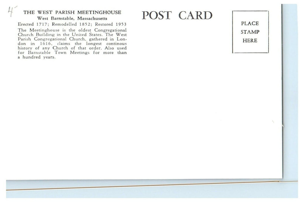 1953 West Parish Meetinghouse, West Barnstable, Massachusetts MA Postcard