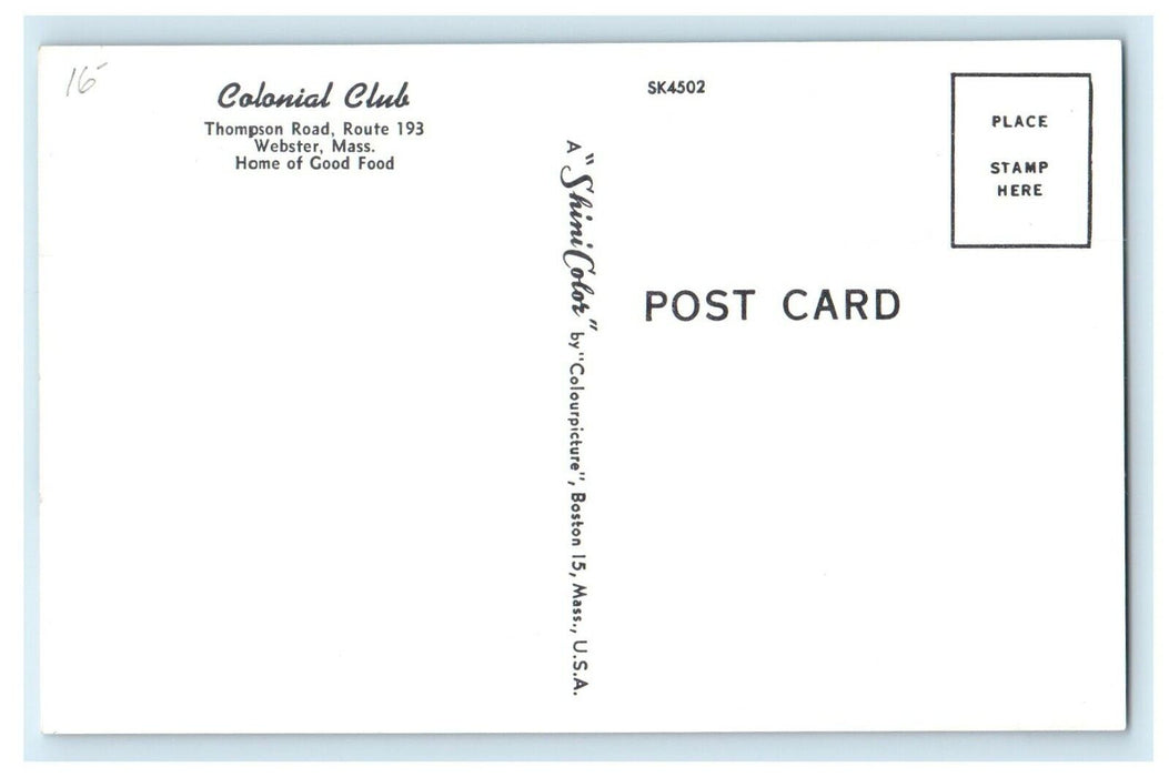 1931 Colonial Club, Thompson Road, Webster, Massachusetts MA Vintage Postcard