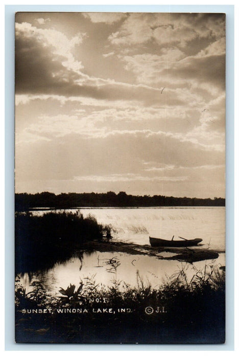 c1910's View Of Sunset Boat Winona Lake Indiana IN RPPC Photo Antique Postcard
