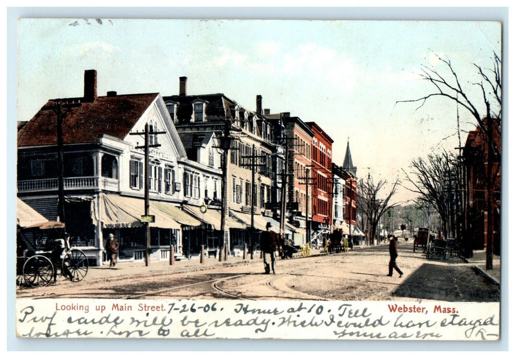 1906 Carriage Scene, Main Street, Webster, Massachusetts MA Antique Postcard