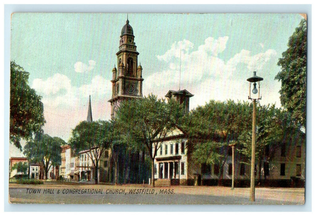 1910 Town Hall and Congregational Church, Westfield Massachusetts MA Postcard