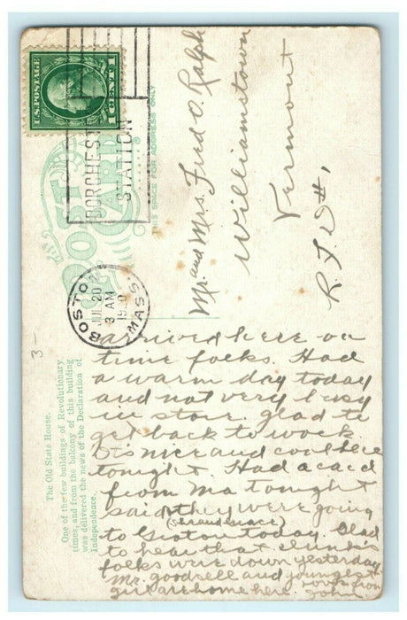 Old State House Boston Massachusetts 1920 Dorchester Station Postmark Postcard