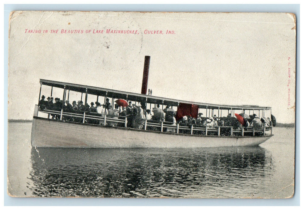 1908 Steamboat Sailing in Lake Maxinkuckee Culver Indiana IN Postcard