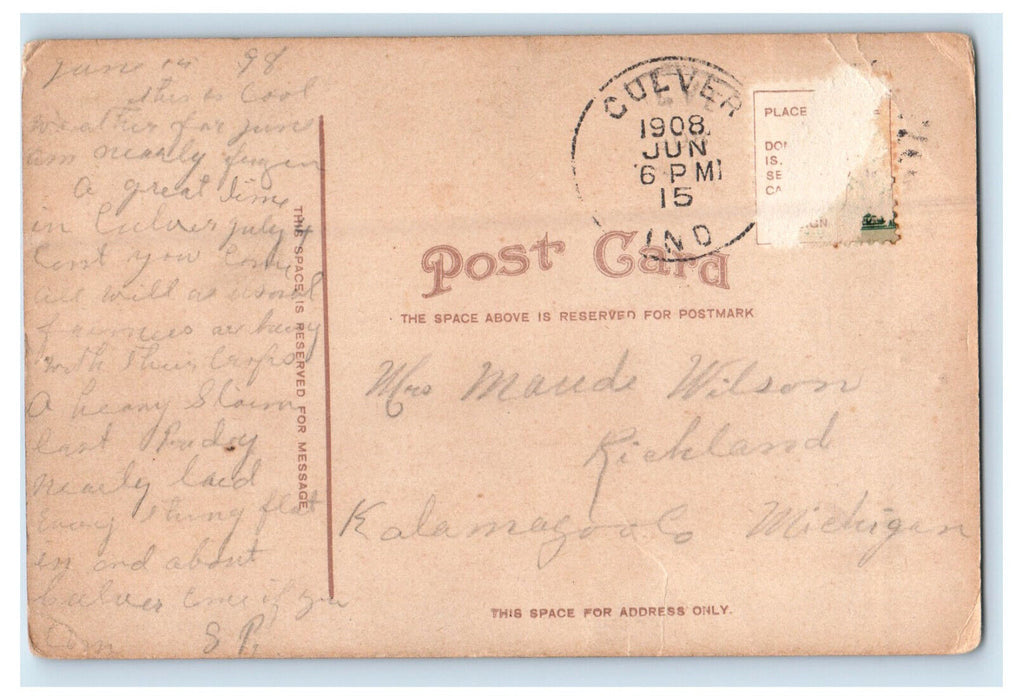 1908 Steamboat Sailing in Lake Maxinkuckee Culver Indiana IN Postcard