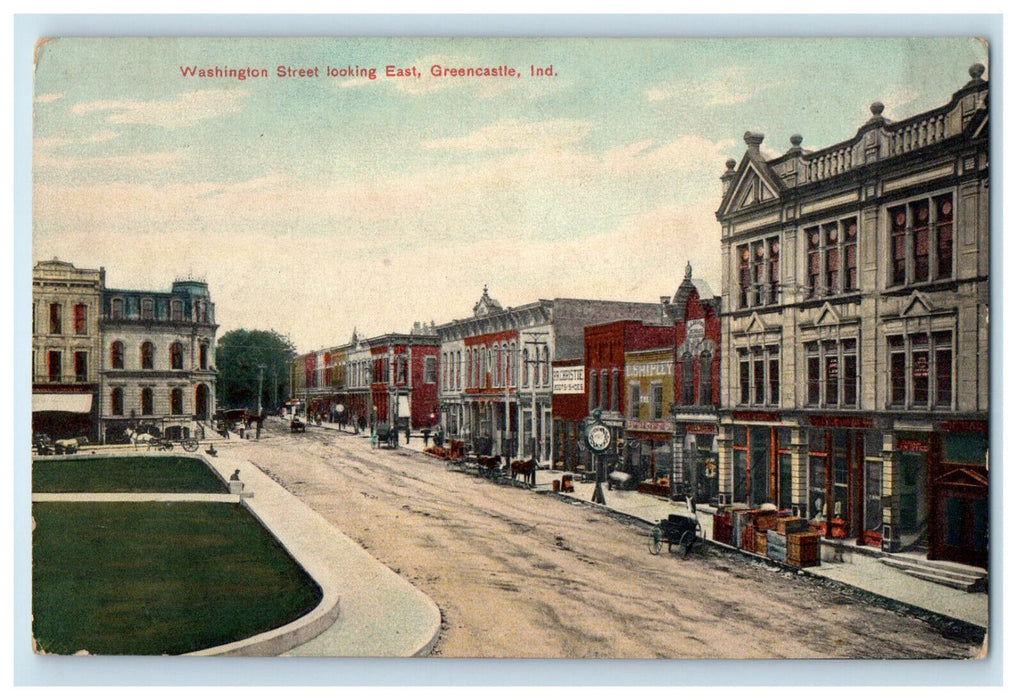 c1910 Washington Street Looking East Greencastle Indiana IN Antique Postcard