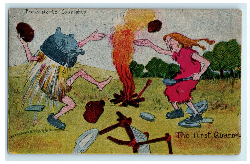 c1905 Prehistoric Courtship First Quarrel Married Couple Fighting Comic Postcard