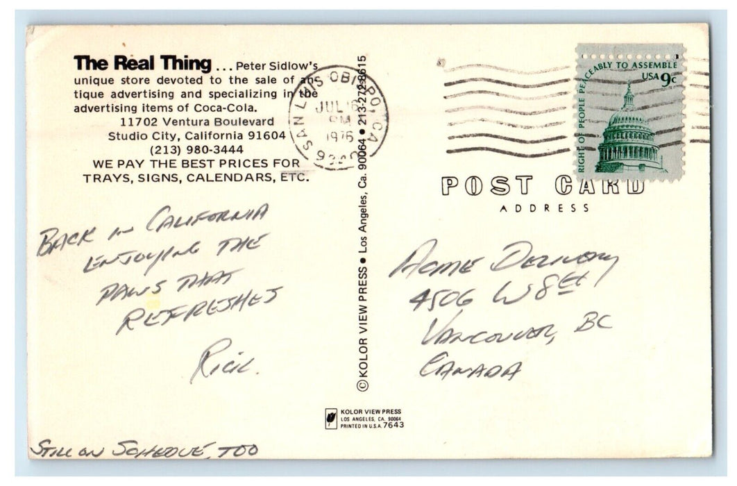 Studio City CA, The Real Thing Peter Sidlow's Advertising Coca-Cola Postcard