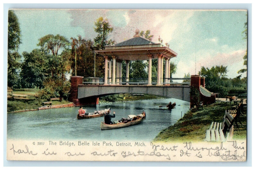 1906 The Bridge Belle Park Rowboat Scene Detroit Michigan MI Antique Postcard
