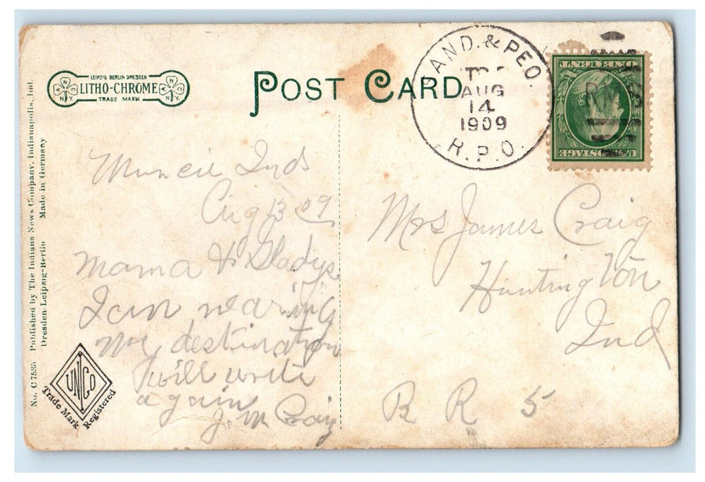 1909 Main Street Looking West Horse Carriage Muncie Indiana IN Antique Postcard