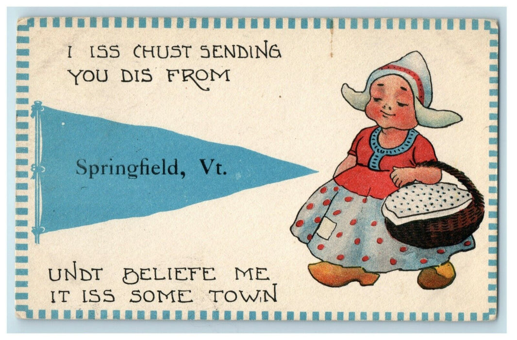 1913 Dutch Girl Springfield Vermont VT Pennant Greetings Basket Postcard