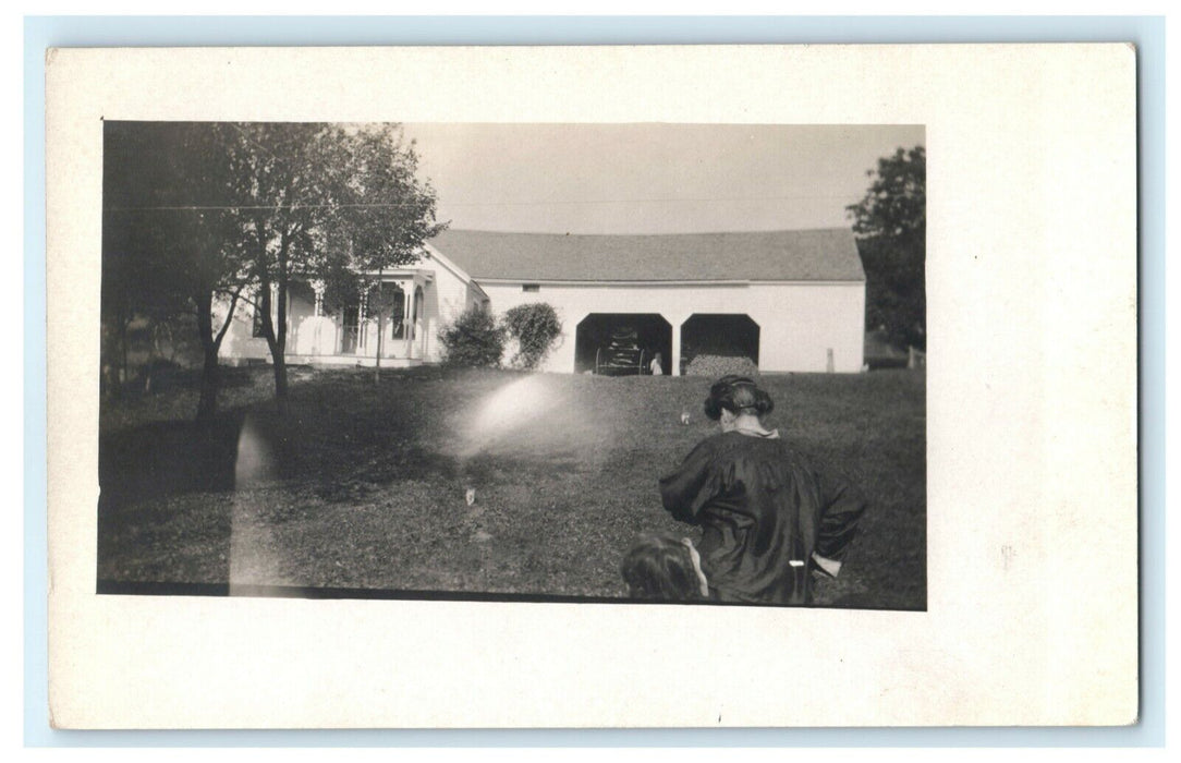 Woman Car House Driveway Victorian 1914 Larkey RPPC Vintage Postcard