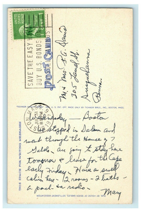 House of Seven Gables Salem Massachusetts 1947 Buy Bonds Postmark Postcard