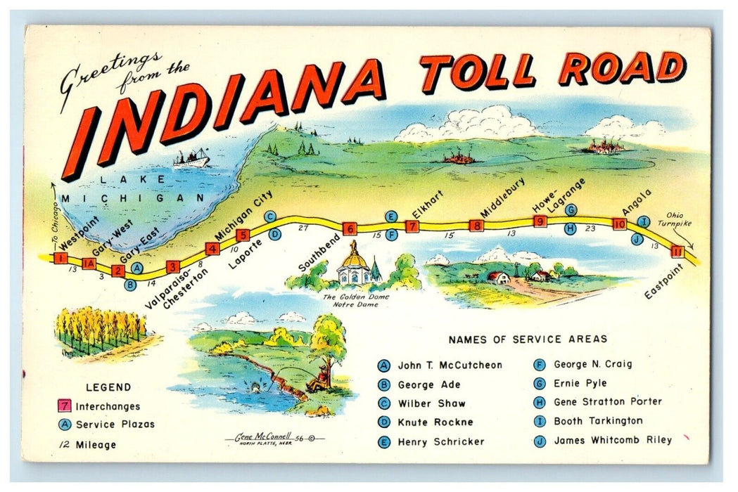 c1950's Greetings From The Indiana Toll Road Map IN Unposted Vintage Postcard