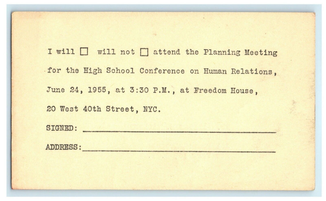 Reply Card High School Conference Freedom House New York City Postcard