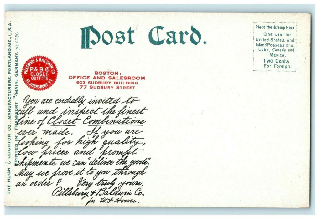 Lexington Battlefield Massachusetts Advertising Baldwin Pillsbury Postcard