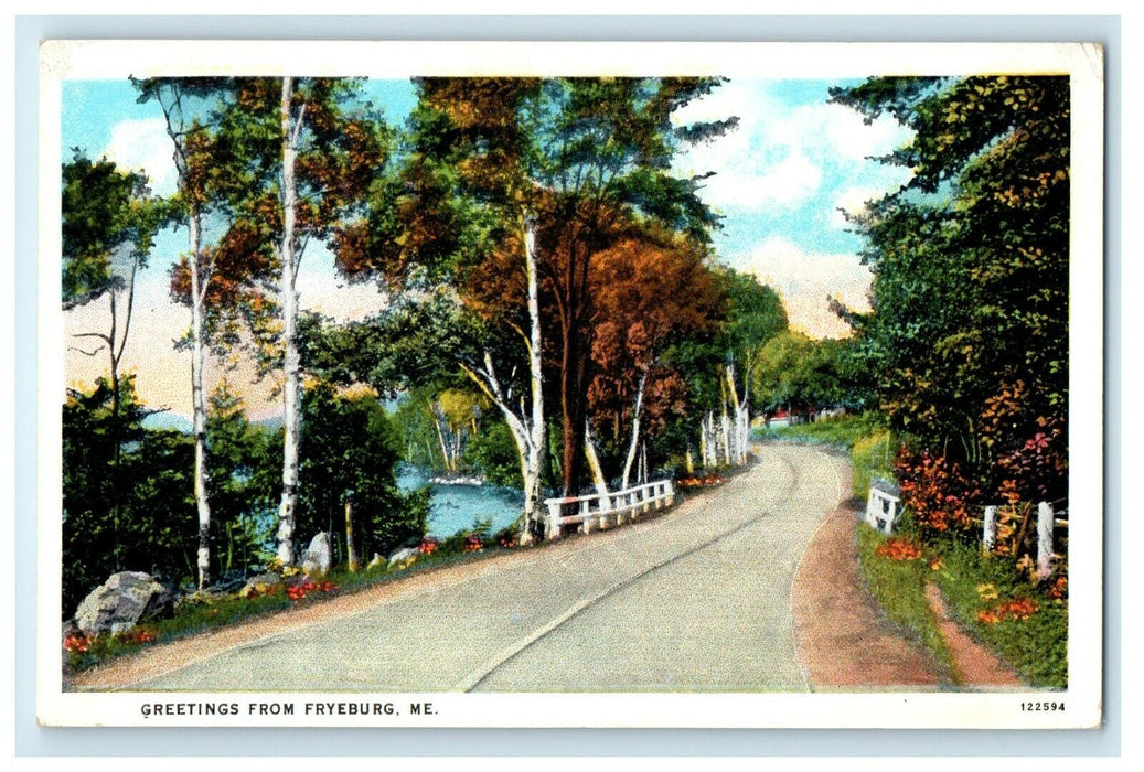 1939 Tree Scene, Greetings from Fryeburg, Maine ME Vintage Unposted Postcard