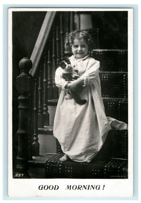 c1910 Cute Girl Holding Cat Kitty Stairs England RPPC Photo Postcard