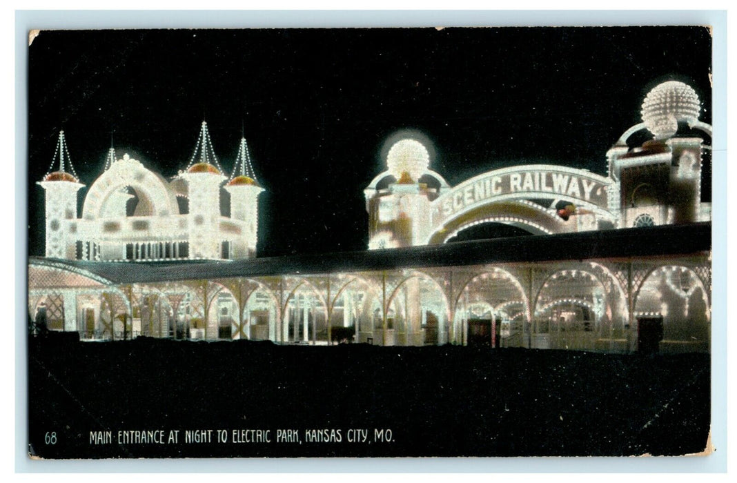 1909 Main Entrance Night Electric Park Kansas City Missouri MO Weir Postcard