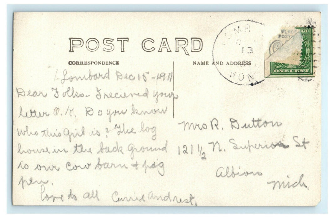 Lombard Illinois Cow Farm Girl Child Water Tower RPPC 1911 Vintage Postcard