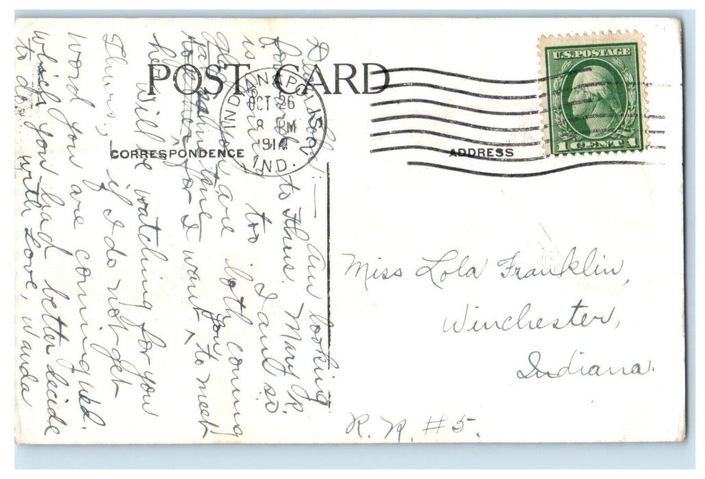 1914 Indianapolis Indiana IN, Visit Us You're Welcome Pennant Antique Postcard