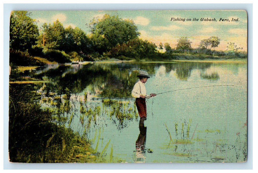 1912 Boy Fishing on the Wabash Peru Indiana IN Antique Posted Postcard