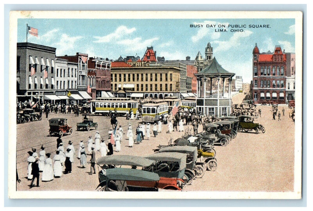 c1920s Cars Parked, Busy Day on Public Square, Lima Ohio OH Postcard