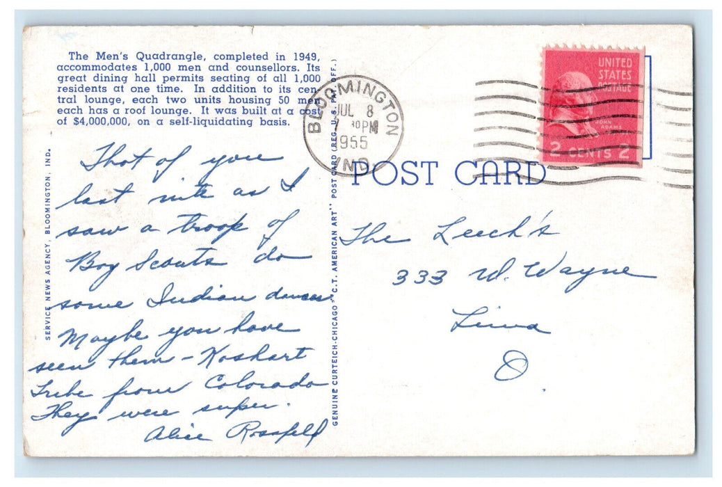 1955 The Men's Quadrangle Indiana University Bloomington Indiana IN Postcard