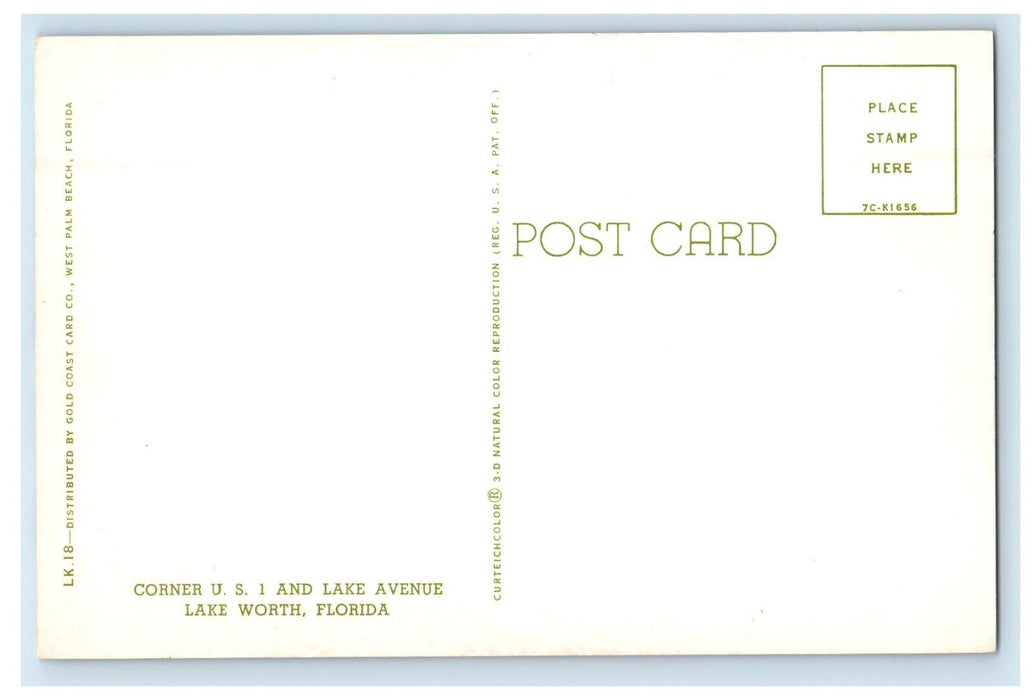 c1950's Corner U.S. 1 And Lake Avenue Cars Lake Worth Florida FL Postcard