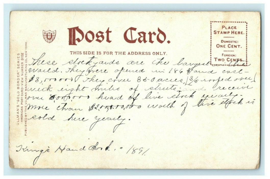 Union Stock Yards Chicago Illinois 1891 Interesting Comment Vintage Postcard