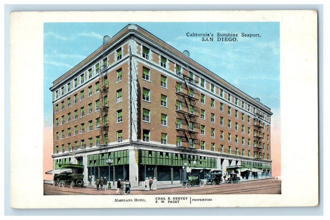 c1910's Maryland Hotel Cars California's Sunshine Seaport San Diego CA Postcard