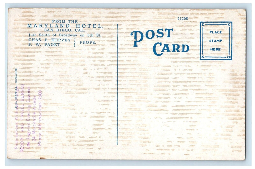 c1910's Maryland Hotel Cars California's Sunshine Seaport San Diego CA Postcard