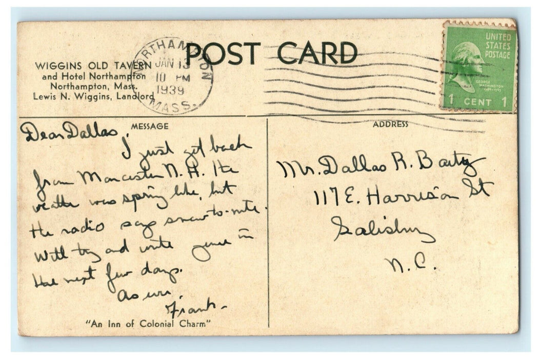 1939 Wiggins Old Tavern and Hotel Northampton Massachusetts MA Postcard