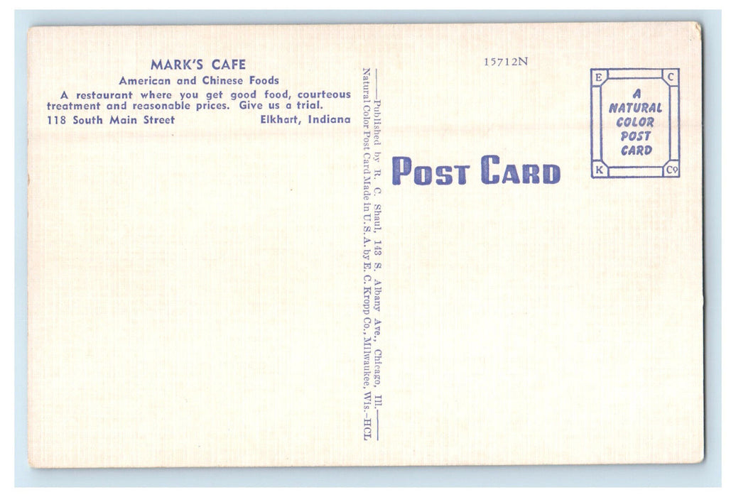 c1930s Mark's Cafe S. Main St. Elkhart Indiana IN Unposted Postcard
