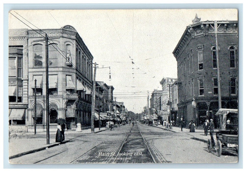 c1910 Main St. Looking East Muncie Indiana IN Unposted Antique Postcard