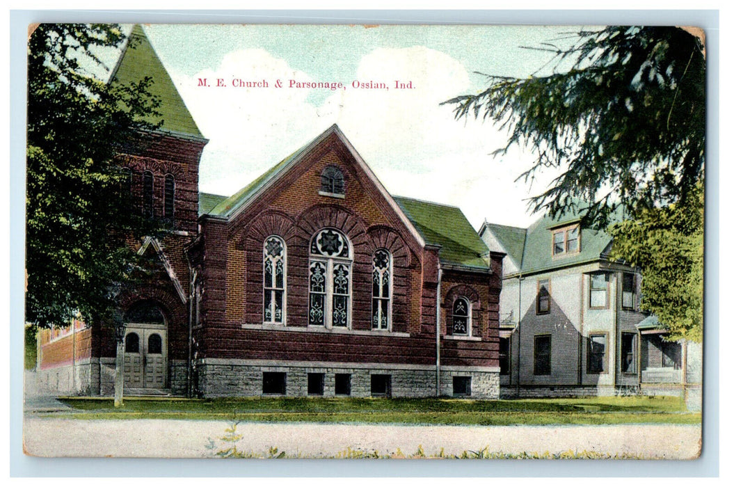 1912 M. E. Church & Parsonage Ossian Indiana IN Posted Antique Postcard